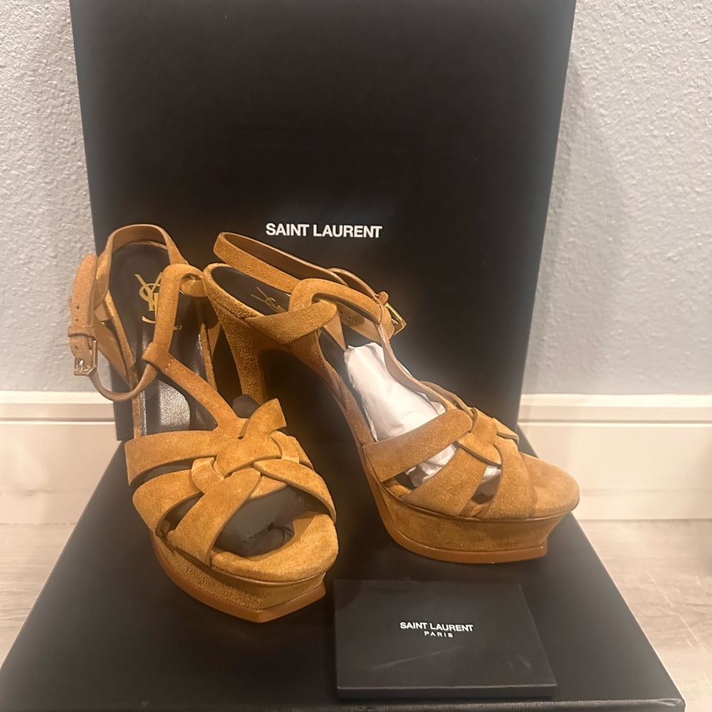 NEW Saint Laurent Tribute Women's Brown Platform Heels Size 39.5